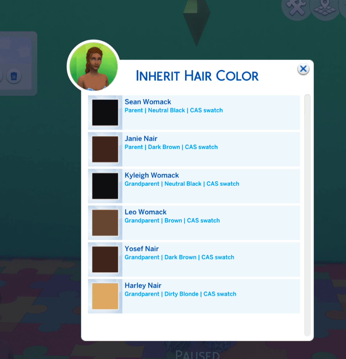 Inherit Hair Color dialog with black, dark brown, brown and dirty blonde CAS swatches